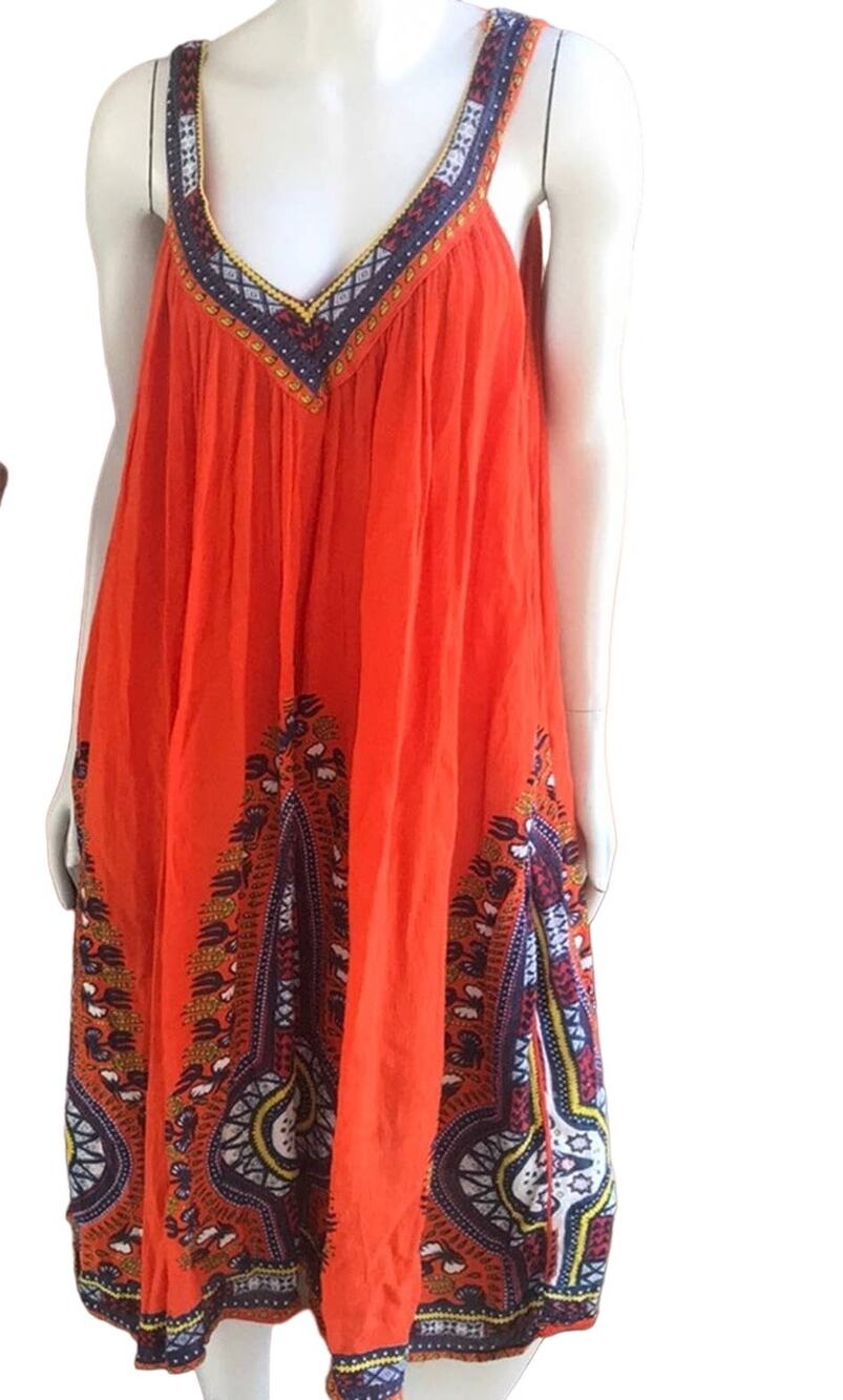 Jessica Taylor Rayon Teresa Orange Printed V-Neck Flowy Sleeveless Dress Size L